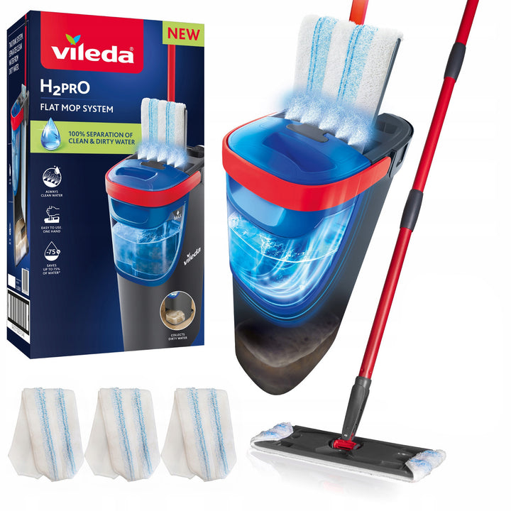 Plochý mop Vileda H2prO, 100% oddělení čisté a špinavé vody, dva zásobníky, 3 mikrovláknové nástavce, 360° koncovka, 175774