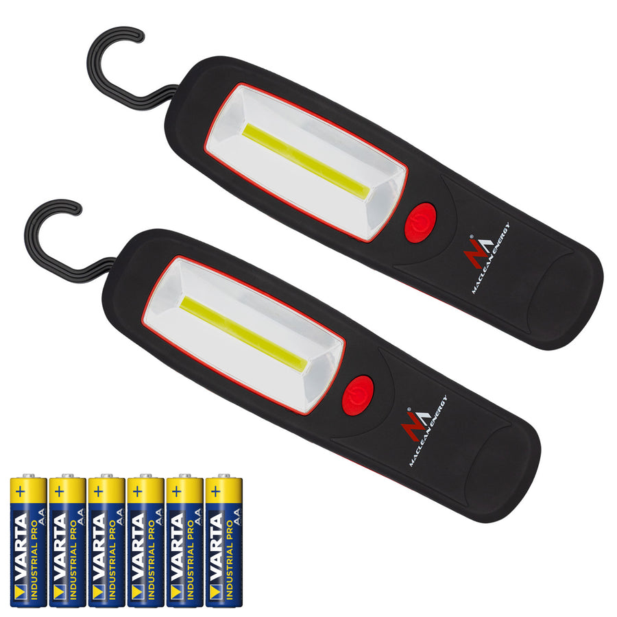 Dílenská lampa COB LED Maclean, magnet, háček, MCE03, 2 ks + 6x baterie Varta Industrial LR6/AA R-06