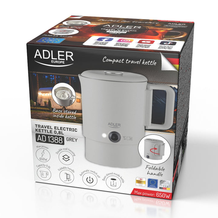 Elektrická konvice Adler, cestovní, dvojité stěny, objem 0,8 l, max. výkon 650 W, šedá, AD 1388