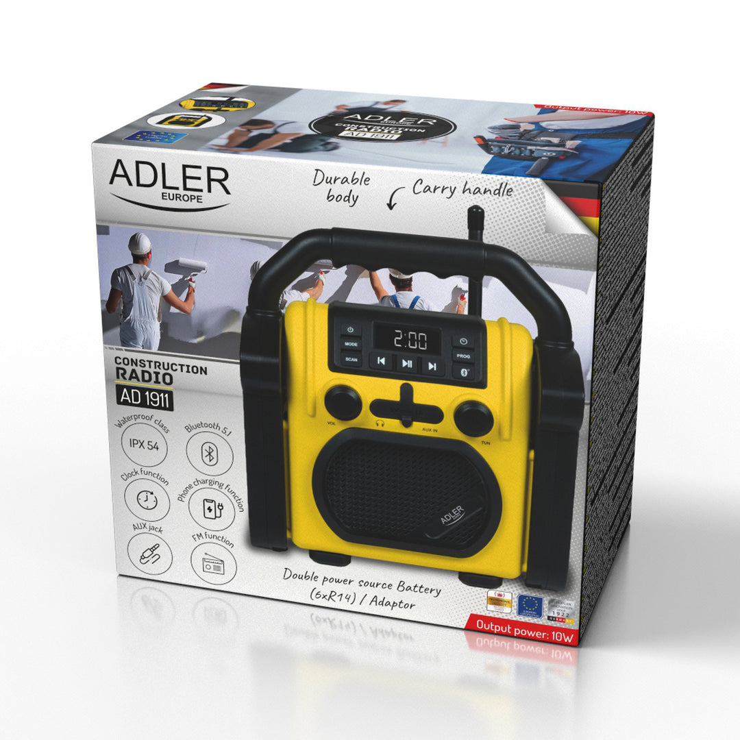 Stavební rádio Adler, Bluetooth 5.1, IPX 54, výkon 10 W, AD 1911