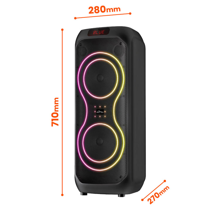 Velký Bluetooth reproduktor, 120 W RMS/1400 W PMPO, dva 8" reproduktory, ekvalizér, funkce karaoke, MP3/microSD karty, USB, AUX, BT 5.3+EDR, displej, LED, vestavěná baterie, dálkové ovládání, MT3185
