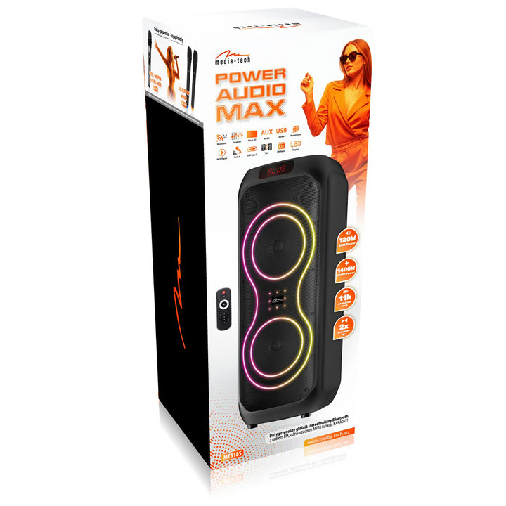 Velký Bluetooth reproduktor, 120 W RMS/1400 W PMPO, dva 8" reproduktory, ekvalizér, funkce karaoke, MP3/microSD karty, USB, AUX, BT 5.3+EDR, displej, LED, vestavěná baterie, dálkové ovládání, MT3185