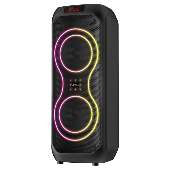 Velký Bluetooth reproduktor, 120 W RMS/1400 W PMPO, dva 8" reproduktory, ekvalizér, funkce karaoke, MP3/microSD karty, USB, AUX, BT 5.3+EDR, displej, LED, vestavěná baterie, dálkové ovládání, MT3185