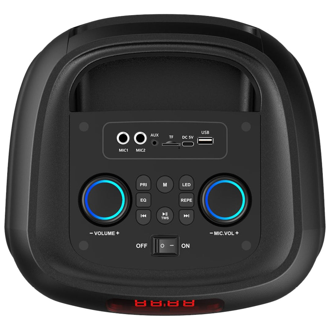 Velký Bluetooth reproduktor, 120 W RMS/1400 W PMPO, dva 8" reproduktory, ekvalizér, funkce karaoke, MP3/microSD karty, USB, AUX, BT 5.3+EDR, displej, LED, vestavěná baterie, dálkové ovládání, MT3185