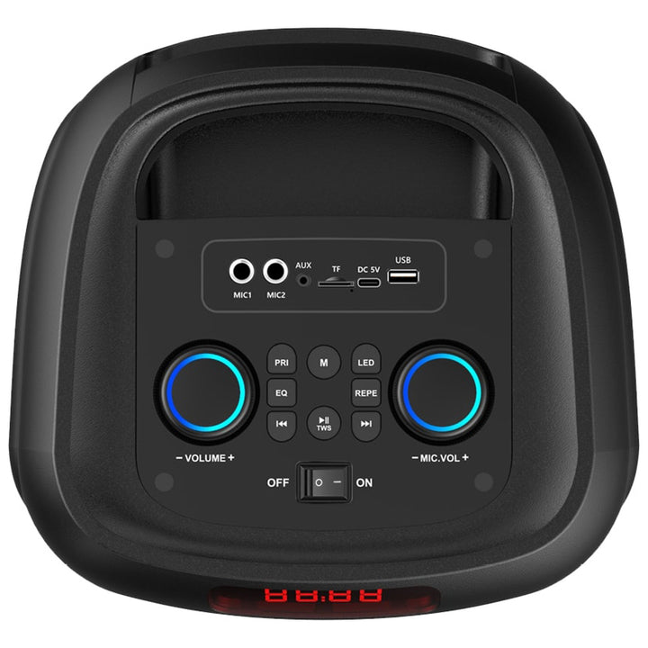 Velký Bluetooth reproduktor, 120 W RMS/1400 W PMPO, dva 8" reproduktory, ekvalizér, funkce karaoke, MP3/microSD karty, USB, AUX, BT 5.3+EDR, displej, LED, vestavěná baterie, dálkové ovládání, MT3185