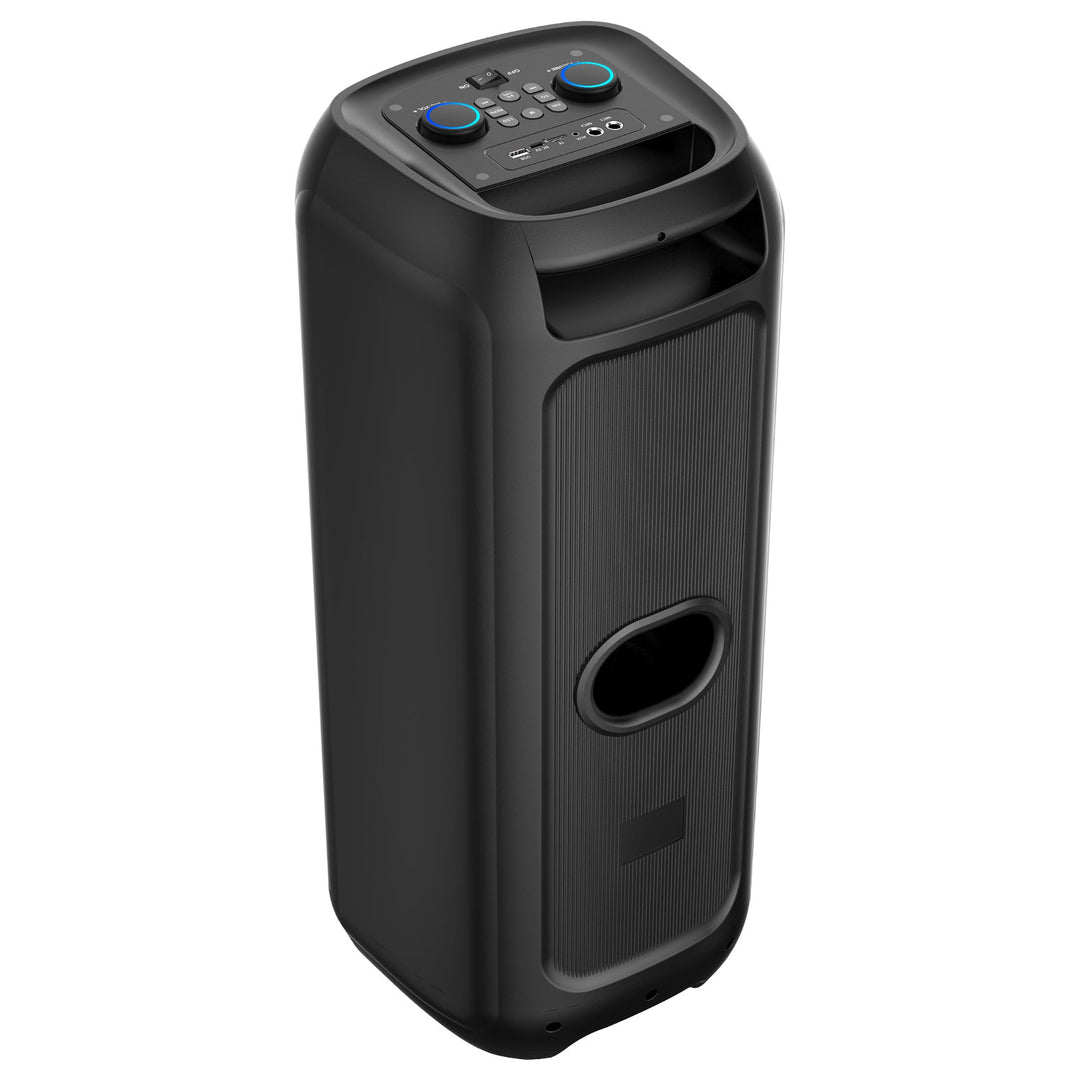 Velký Bluetooth reproduktor, 120 W RMS/1400 W PMPO, dva 8" reproduktory, ekvalizér, funkce karaoke, MP3/microSD karty, USB, AUX, BT 5.3+EDR, displej, LED, vestavěná baterie, dálkové ovládání, MT3185