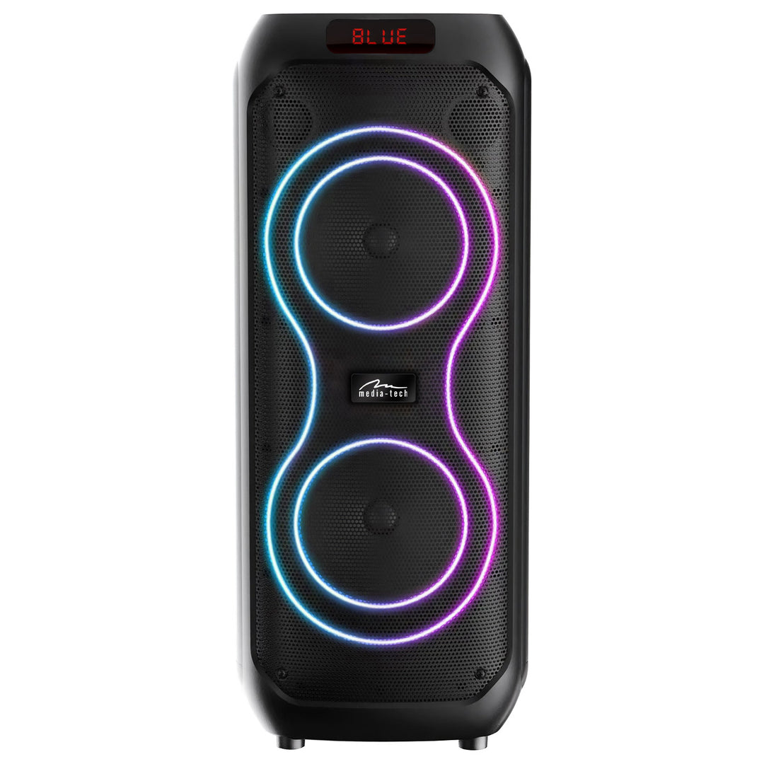 Velký Bluetooth reproduktor, 120 W RMS/1400 W PMPO, dva 8" reproduktory, ekvalizér, funkce karaoke, MP3/microSD karty, USB, AUX, BT 5.3+EDR, displej, LED, vestavěná baterie, dálkové ovládání, MT3185