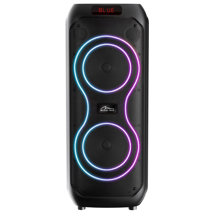 Velký Bluetooth reproduktor, 120 W RMS/1400 W PMPO, dva 8" reproduktory, ekvalizér, funkce karaoke, MP3/microSD karty, USB, AUX, BT 5.3+EDR, displej, LED, vestavěná baterie, dálkové ovládání, MT3185