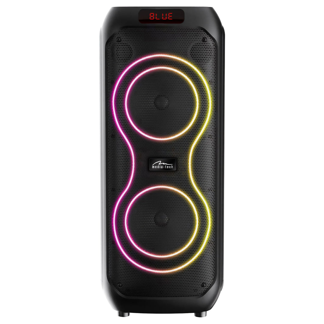 Velký Bluetooth reproduktor, 120 W RMS/1400 W PMPO, dva 8" reproduktory, ekvalizér, funkce karaoke, MP3/microSD karty, USB, AUX, BT 5.3+EDR, displej, LED, vestavěná baterie, dálkové ovládání, MT3185