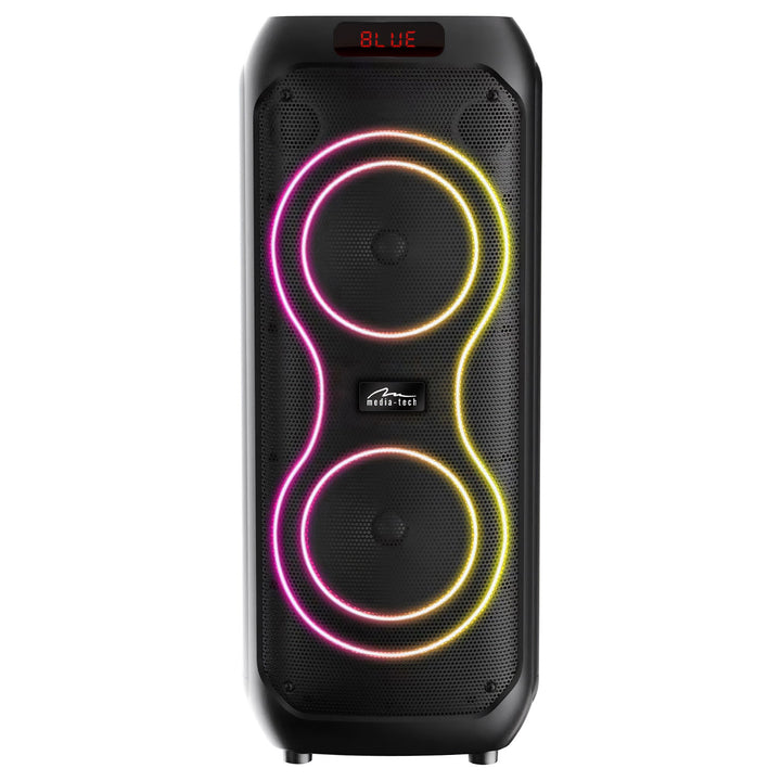 Velký Bluetooth reproduktor, 120 W RMS/1400 W PMPO, dva 8" reproduktory, ekvalizér, funkce karaoke, MP3/microSD karty, USB, AUX, BT 5.3+EDR, displej, LED, vestavěná baterie, dálkové ovládání, MT3185