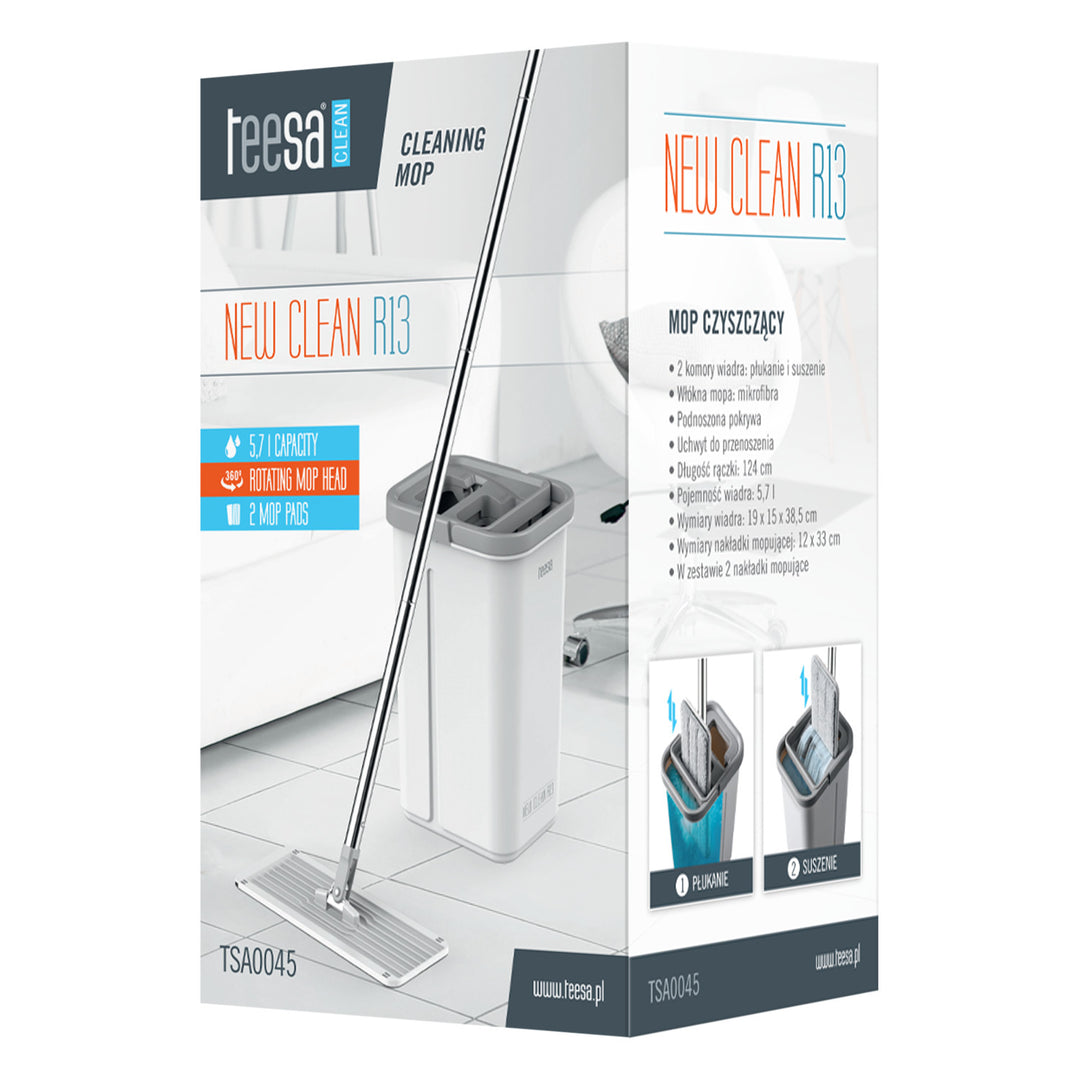 Plochý čisticí mop Teesa, dvoukomorové vědro, objem 5,7 l, New Clean R13, Teesa