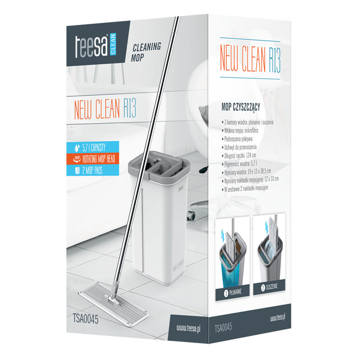 Plochý čisticí mop Teesa, dvoukomorové vědro, objem 5,7 l, New Clean R13, Teesa