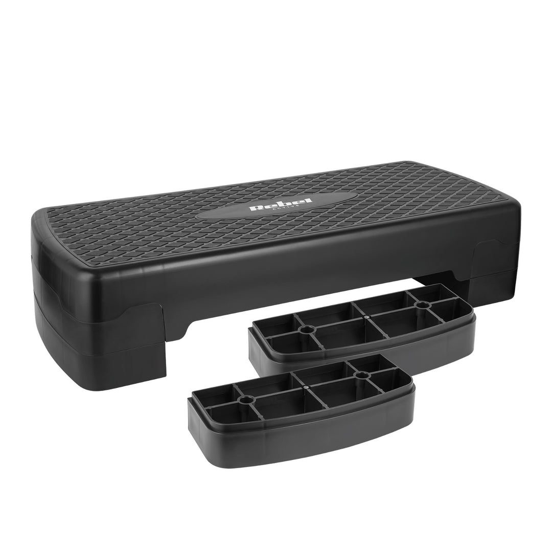 Step pro aerobik a fitness cvičení Rebel Active, 3 stupně, 68 cm, černý, RBA-3227-BK