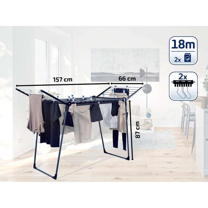Sušák Pegasus 180 Solid Black Leifheit, délka šňůr 18 m, stabilní paralelní nohy, odolný proti povětrnostním vlivům, 2 držáky na prádlo, 81589
