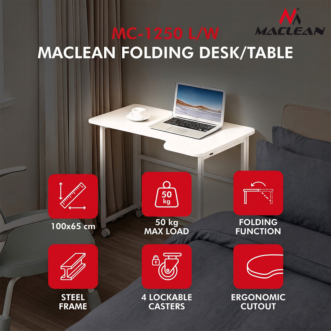 Skládací psací stůl Maclean, bílý, pojízdný, 100 × 65 cm, max. 50 kg, úhlový, tvar L, MC-1250 L/W