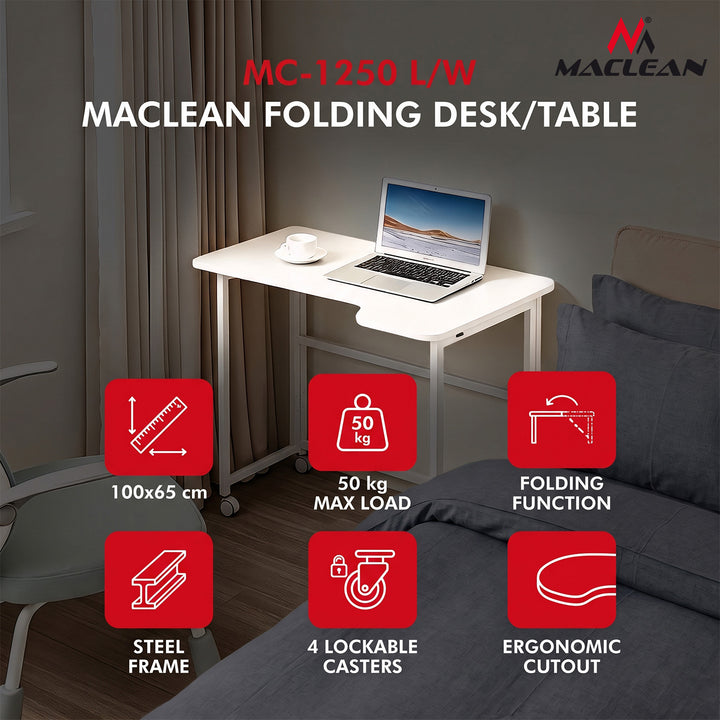 Skládací psací stůl Maclean, bílý, pojízdný, 100 × 65 cm, max. 50 kg, úhlový, tvar L, MC-1250 L/W