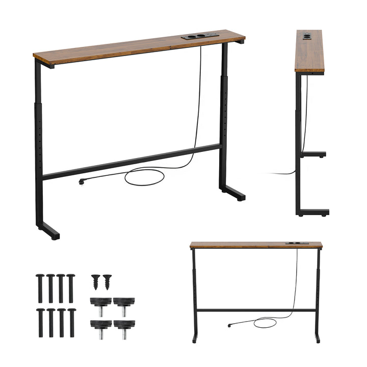 Konzole / stolek s nabíjecí lištou Maclean, černý s rustikální deskou, výškově nastavitelný v rozmezí 62–83 cm, max. 25 kg, kabel 2,5 m, MC-140 B
