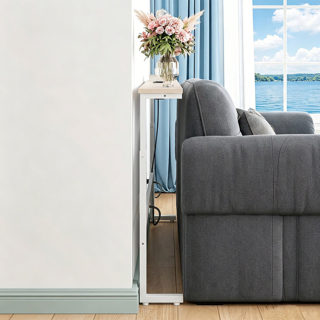 Konzole / stolek s nabíjecí lištou Maclean, bílý se světlou deskou, výškově nastavitelný v rozmezí 62–83 cm, max. 25 kg, kabel 2,5 m, MC-140 W