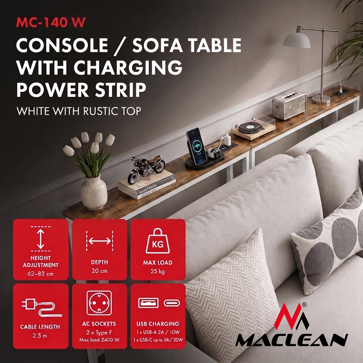 Konzole / stolek s nabíjecí lištou Maclean, bílý se světlou deskou, výškově nastavitelný v rozmezí 62–83 cm, max. 25 kg, kabel 2,5 m, MC-140 W