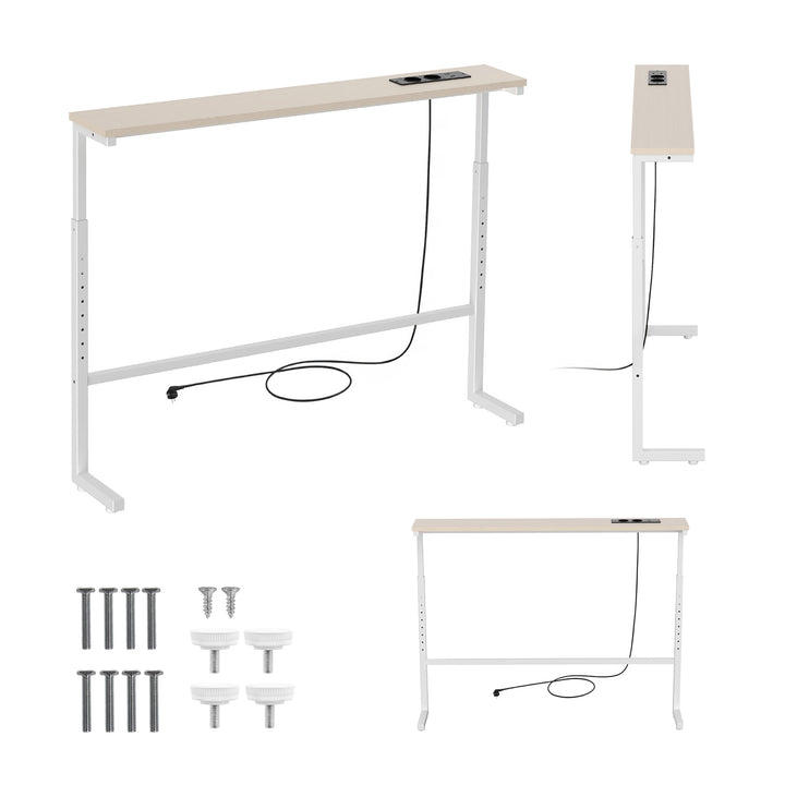 Konzole / stolek s nabíjecí lištou Maclean, bílý se světlou deskou, výškově nastavitelný v rozmezí 62–83 cm, max. 25 kg, kabel 2,5 m, MC-140 W