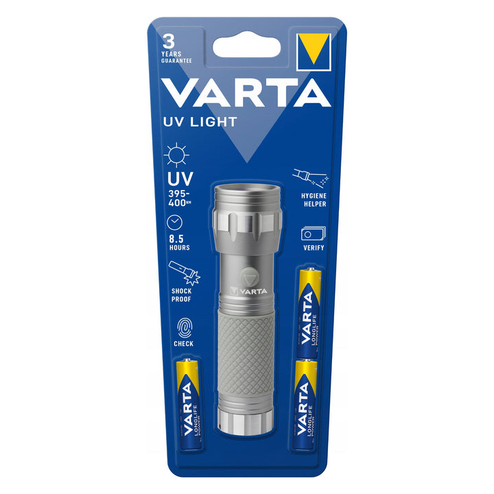 Hliníková ruční UV LED svítilna 15638, vlnová délka UV záření 395–400 nm, technologie Multi LED + baterie Varta v balení