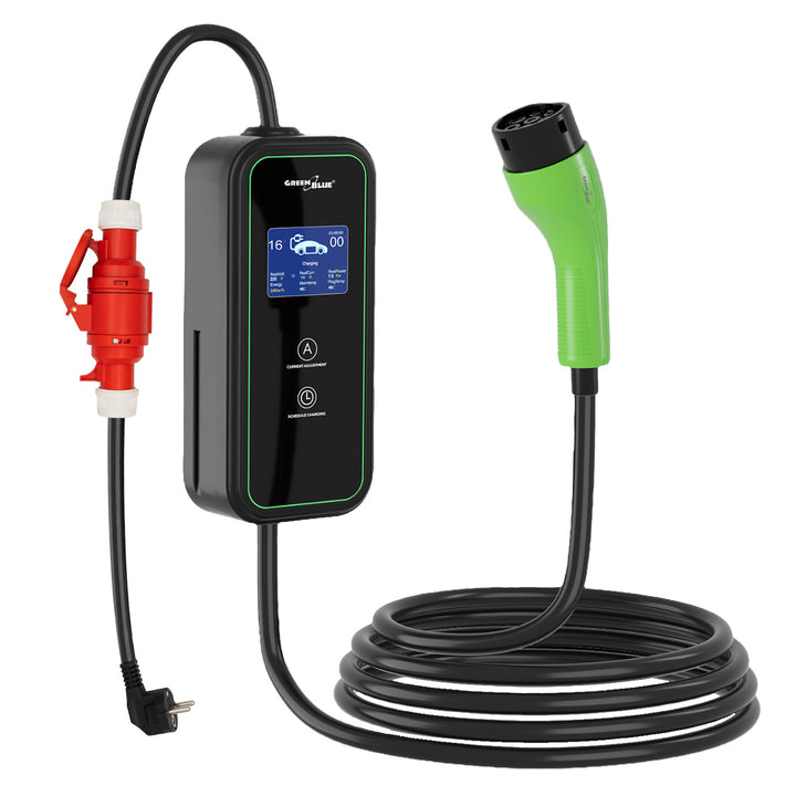 Nabíječka pro elektromobily (EV) / plug-in hybridy (PHEV) GreenBlue, přenosná, typ 2, délka kabelu 6,8 m, IP65, 11 kW, 220–380 V střídavého proudu, 50/60 Hz, 16 A, 3 fáze, GB1100
