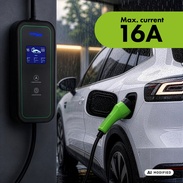 Nabíječka pro elektromobily (EV) / plug-in hybridy (PHEV) GreenBlue, přenosná, typ 2, délka kabelu 6,8 m, IP65, 11 kW, 220–380 V střídavého proudu, 50/60 Hz, 16 A, 3 fáze, GB1100