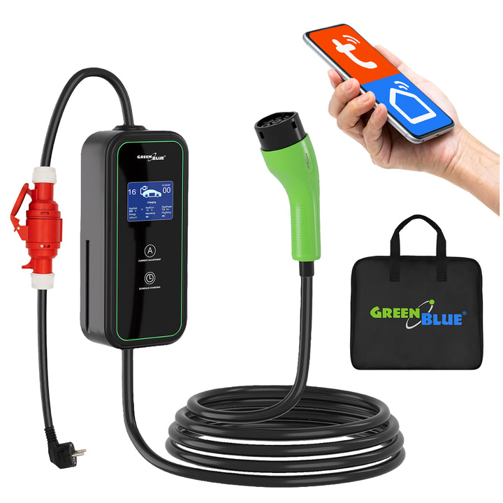 Nabíječka pro elektromobily (EV) / plug-in hybridy (PHEV) GreenBlue, přenosná, typ 2, délka kabelu 6,8 m, IP65, 11 kW, 220–380 V střídavého proudu, 50/60 Hz, 16 A, 3 fáze, GB1100