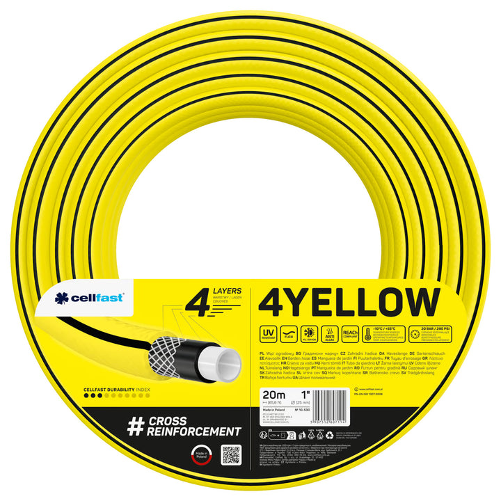 Zahradní hadice Cellfast, čtyřvrstvá, odolná proti UV záření, průměr 1", délka 20 m, 4YELLOW