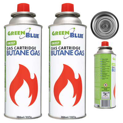 2x plynová náplň 227 g GreenBlue. Certifikát: Pi 0875, v souladu s normou EN 417, butan, provozní rozsah -10 °C až +40 °C, GB227
