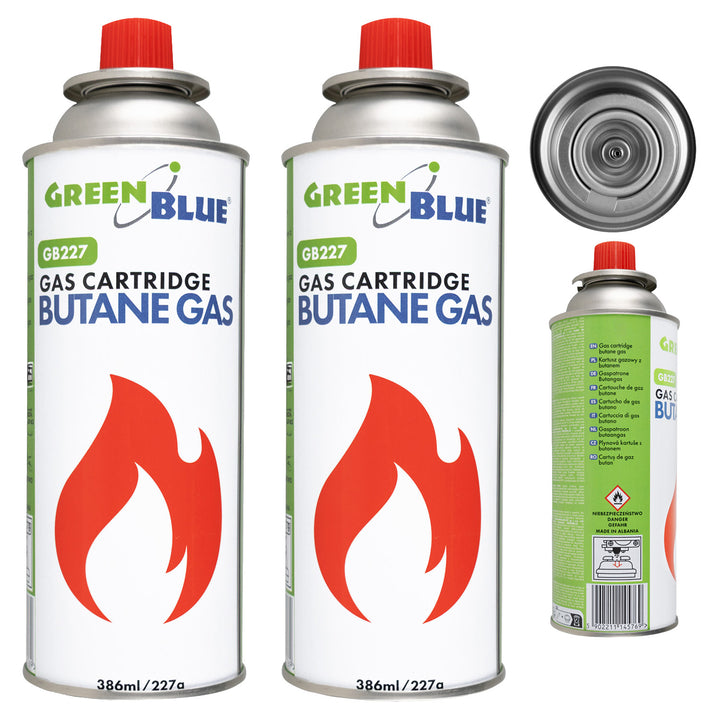 2x plynová náplň 227 g GreenBlue. Certifikát: Pi 0875, v souladu s normou EN 417, butan, provozní teplota -10 °C až +40 °C, GB227