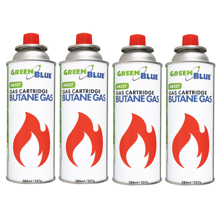 4 plynové kartuše GreenBlue 227 g. Certifikát: Pi 0875, v souladu s normou EN 417, butan, provozní teplota -10 °C až +40 °C, GB227