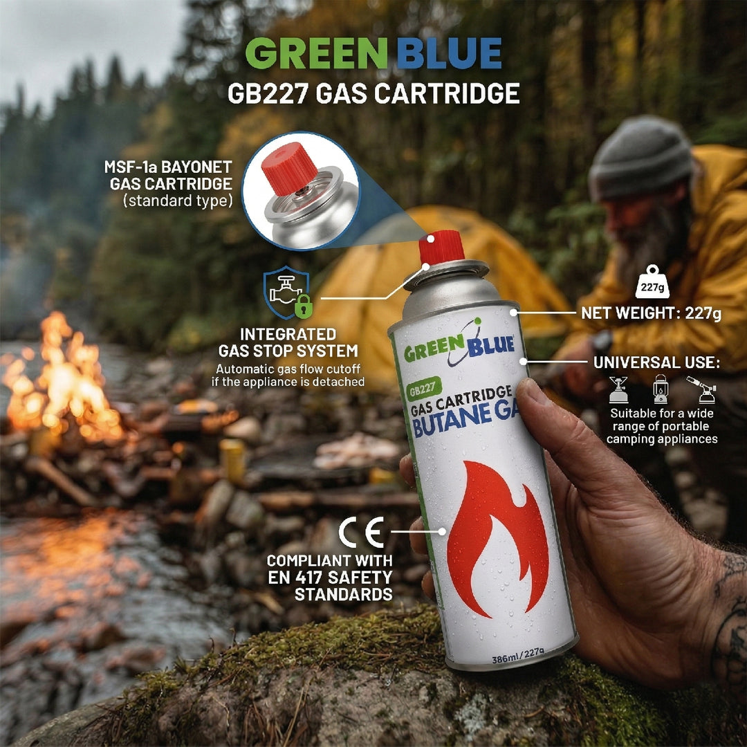 8x plynová náplň 227 g GreenBlue. Certifikát: Pi 0875, v souladu s normou EN 417, butan, provozní teplota -10 °C až +40 °C, GB227