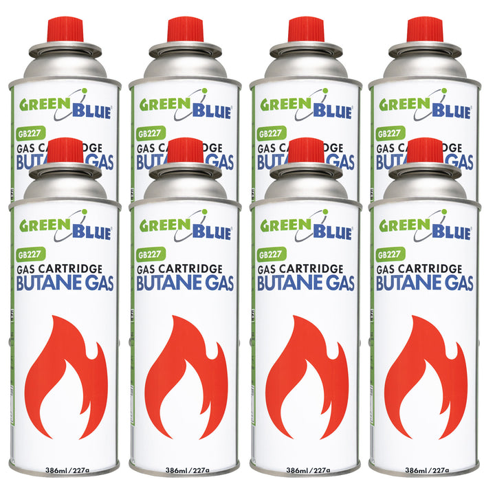 8x plynová náplň 227 g GreenBlue. Certifikát: Pi 0875, v souladu s normou EN 417, butan, provozní teplota -10 °C až +40 °C, GB227