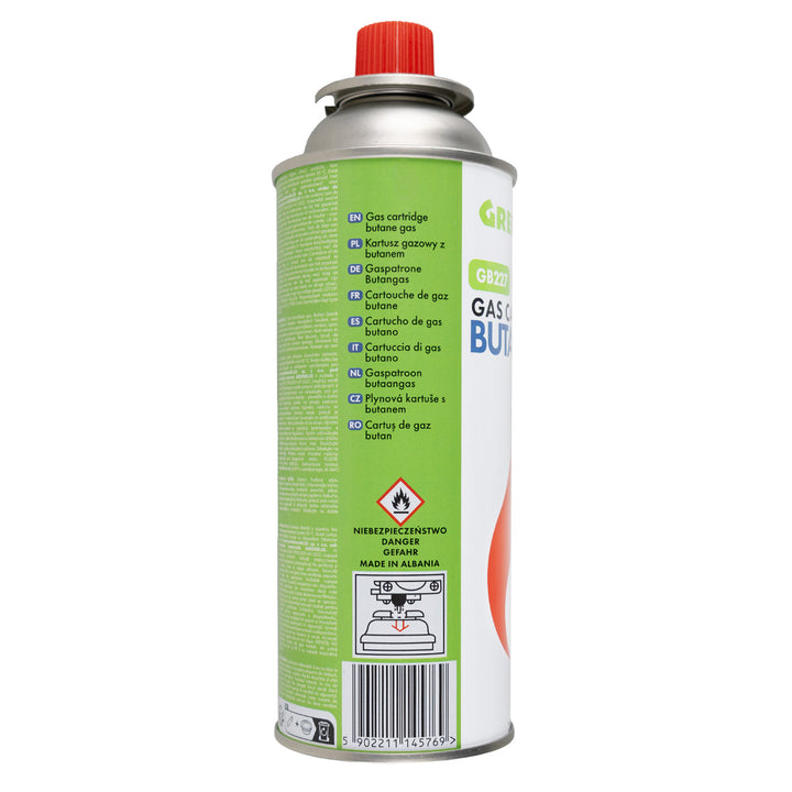 12 plynových náplní GreenBlue 227 g. Certifikát: Pi 0875, v souladu s normou EN 417, butan, provozní teplota -10 °C až +40 °C, GB227