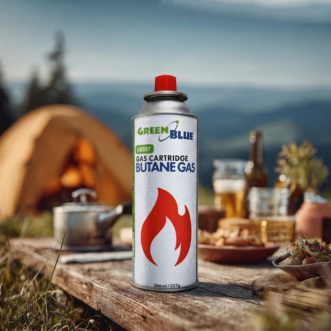 12 plynových náplní GreenBlue 227 g. Certifikát: Pi 0875, v souladu s normou EN 417, butan, provozní teplota -10 °C až +40 °C, GB227