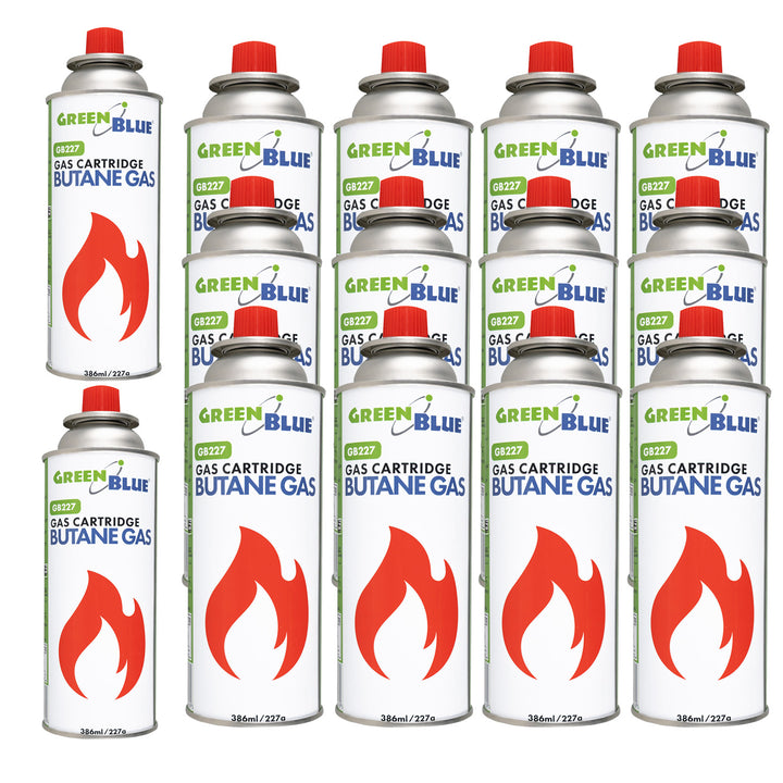 14 plynových náplní GreenBlue 227 g. Certifikát: Pi 0875, v souladu s normou EN 417, butan, provozní teplota -10 °C až +40 °C, GB227