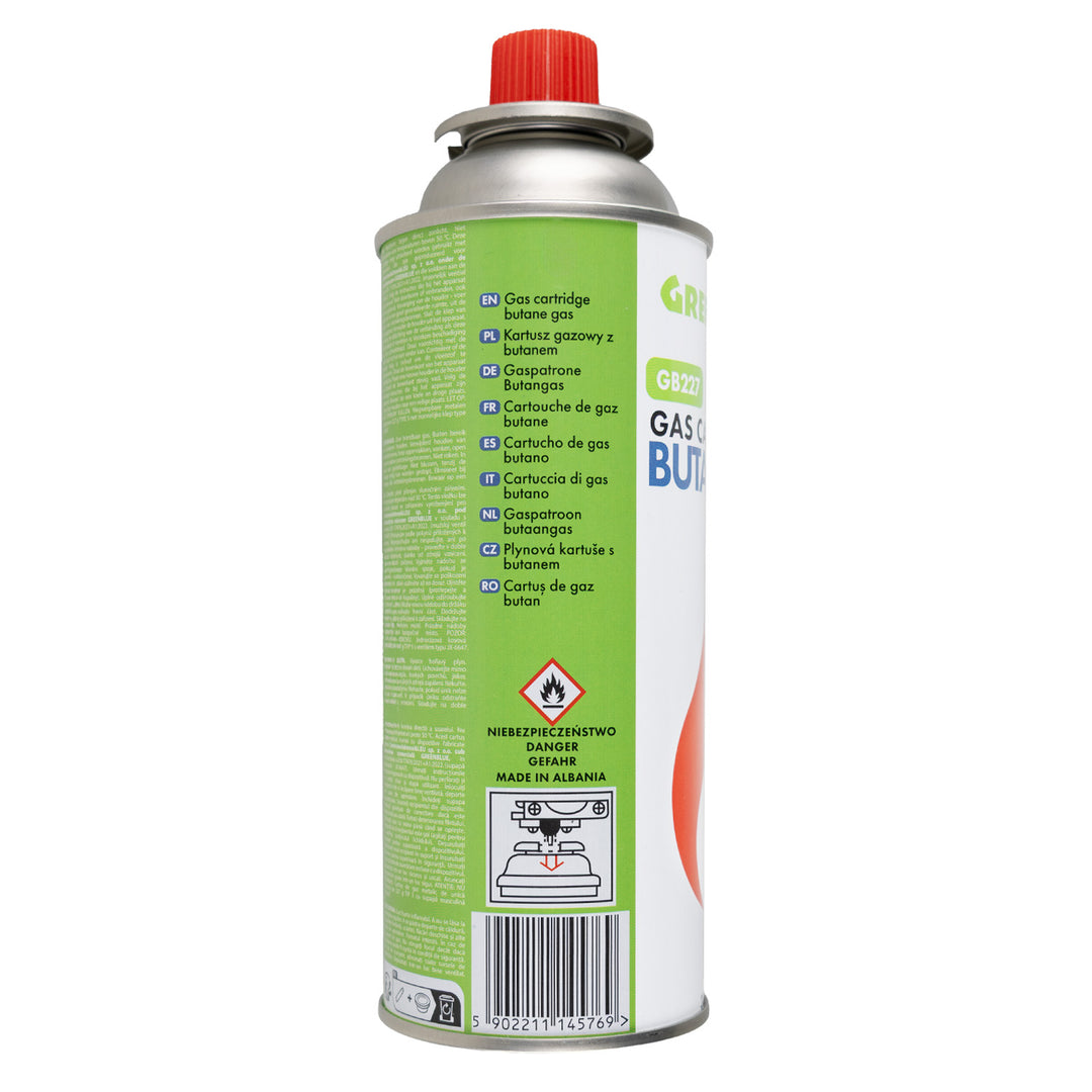 16 plynových náplní GreenBlue 227 g. Certifikát: Pi 0875, v souladu s normou EN 417, butan, provozní teplota -10 °C až +40 °C, GB227