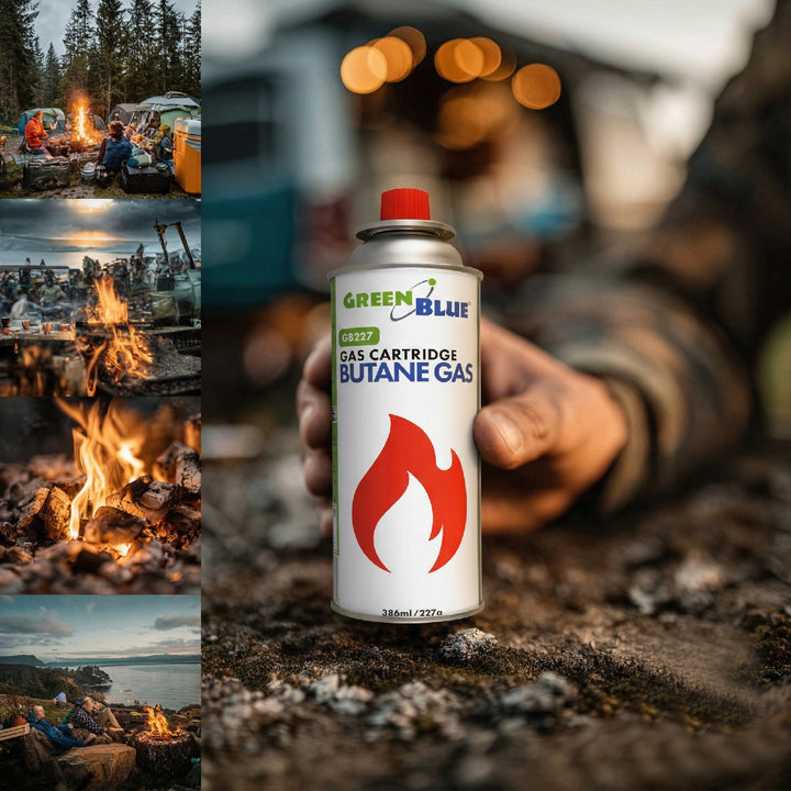 16 plynových náplní GreenBlue 227 g. Certifikát: Pi 0875, v souladu s normou EN 417, butan, provozní teplota -10 °C až +40 °C, GB227