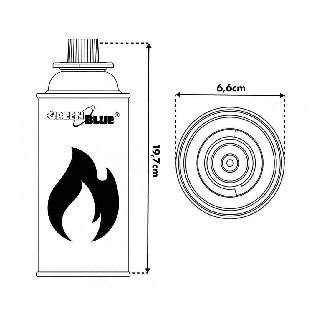 18 plynových náplní GreenBlue 227 g. Certifikát: Pi 0875, v souladu s normou EN 417, butan, provozní teplota -10 °C až +40 °C, GB227