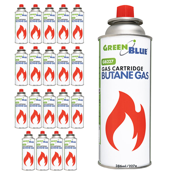 20 ks plynových náplní GreenBlue 227 g. Certifikát: Pi 0875, v souladu s normou EN 417, butan, provozní teplota -10 °C až +40 °C, GB227