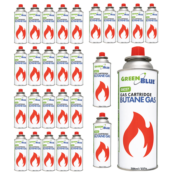 28 ks plynových kartuší 227 g GreenBlue. Certifikát: Pi 0875, v souladu s normou EN 417, butan, provozní teplota -10 °C až +40 °C, GB227