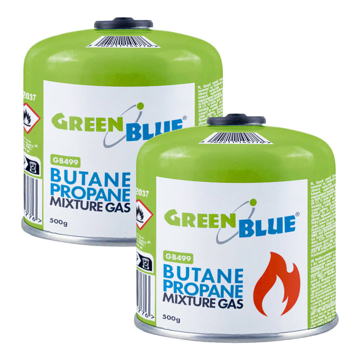 2x plynová náplň 500 g GreenBlue. Certifikát: Pi 0437, v souladu s normou EN 417, butan-propan, teplotní rozsah -10 °C až +40 °C, závitový ventil 7/16'' GB499