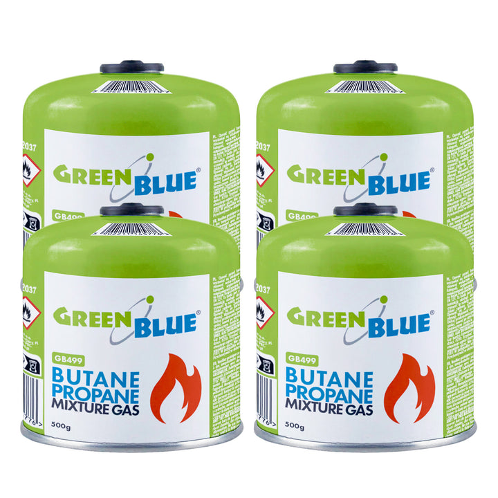 4x plynová náplň 500 g GreenBlue. Certifikát: Pi 0437, v souladu s normou EN 417, butan-propan, teplotní rozsah -10 °C až +40 °C, závitový ventil 7/16'' GB499