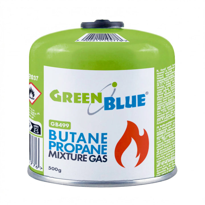 6 ks plynových kartuší GreenBlue 500 g. Certifikát: Pi 0437, v souladu s normou EN 417, butan-propan, teplotní rozsah -10 °C až +40 °C, závitový ventil 7/16'' GB499