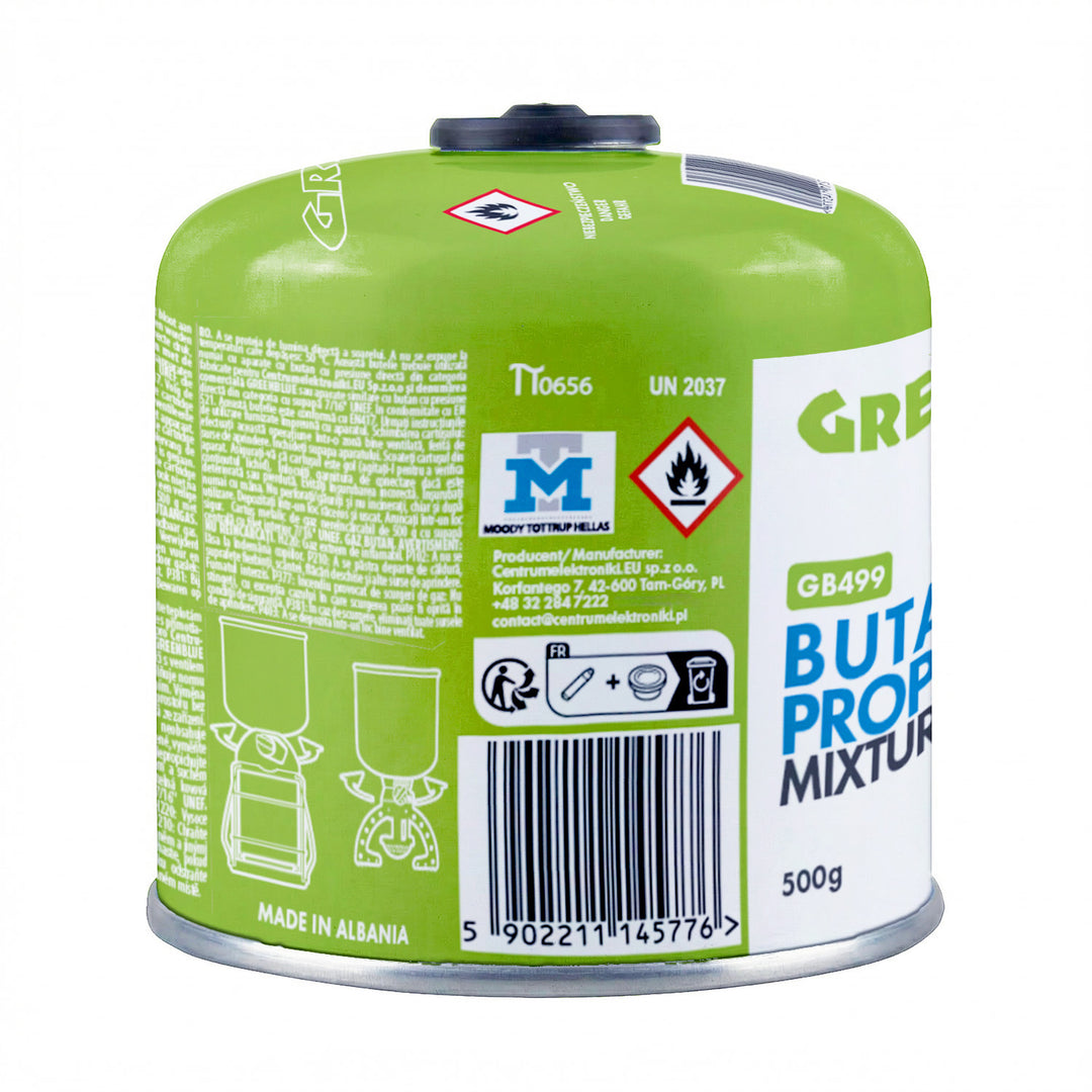 6 ks plynových kartuší GreenBlue 500 g. Certifikát: Pi 0437, v souladu s normou EN 417, butan-propan, teplotní rozsah -10 °C až +40 °C, závitový ventil 7/16'' GB499