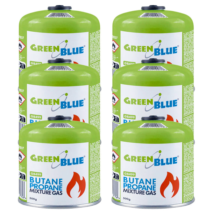 6 ks plynových kartuší GreenBlue 500 g. Certifikát: Pi 0437, v souladu s normou EN 417, butan-propan, teplotní rozsah -10 °C až +40 °C, závitový ventil 7/16'' GB499