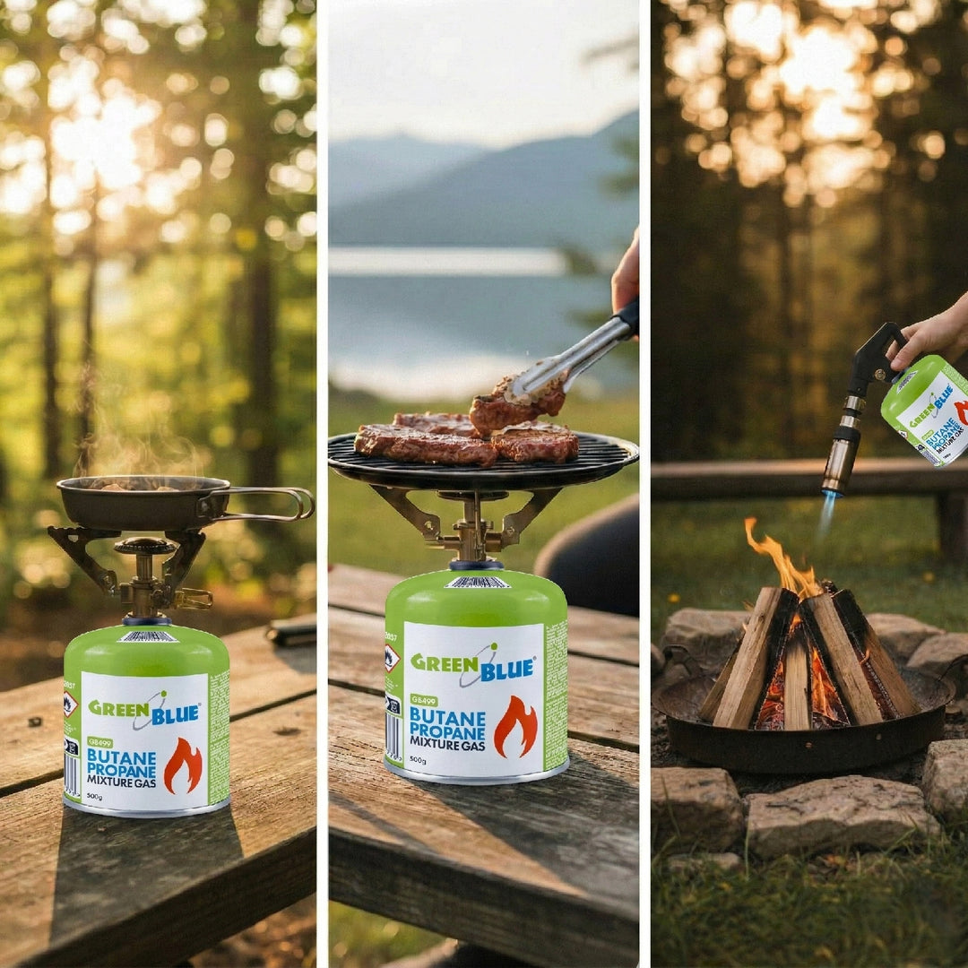 8x plynová náplň 500 g GreenBlue. Certifikát: Pi 0437, v souladu s normou EN 417, butan-propan, teplotní rozsah -10 °C až +40 °C, závitový ventil 7/16'' GB499