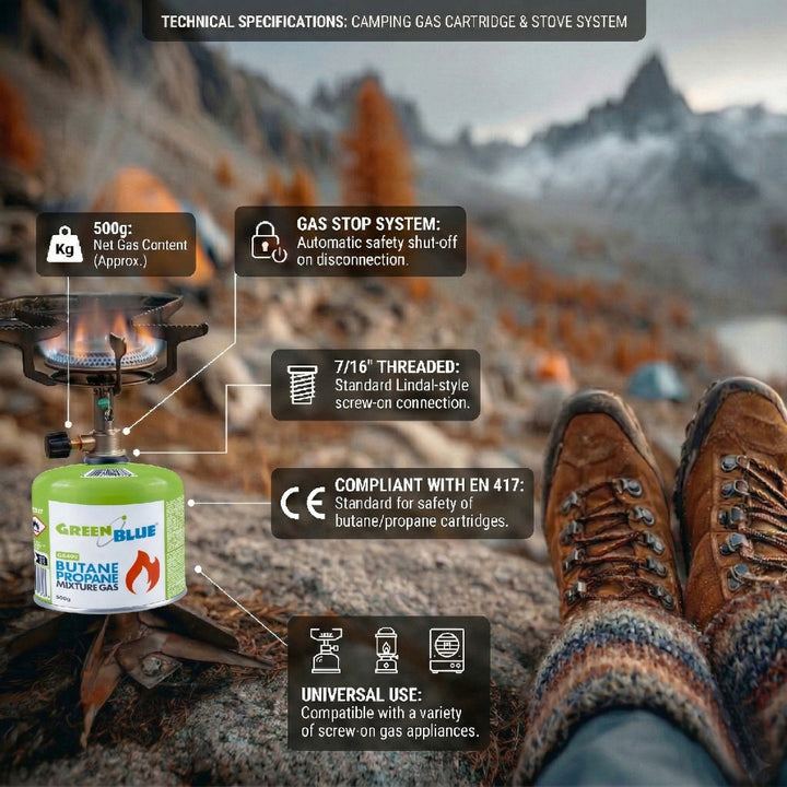 8x plynová náplň 500 g GreenBlue. Certifikát: Pi 0437, v souladu s normou EN 417, butan-propan, teplotní rozsah -10 °C až +40 °C, závitový ventil 7/16'' GB499