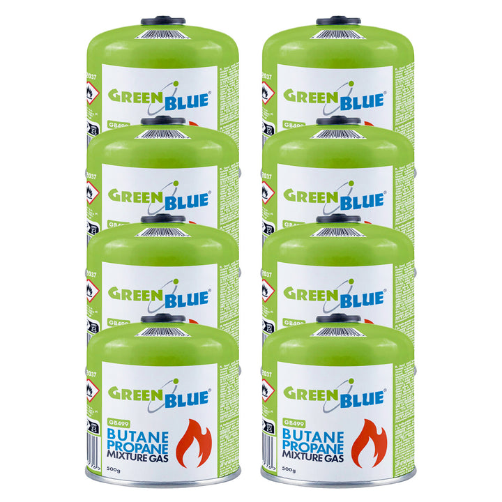 8x plynová náplň 500 g GreenBlue. Certifikát: Pi 0437, v souladu s normou EN 417, butan-propan, teplotní rozsah -10 °C až +40 °C, závitový ventil 7/16'' GB499